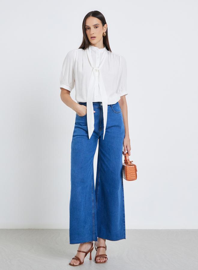 Styli Solid Tie Up Neck Puff Sleeve Blouse - Image 2