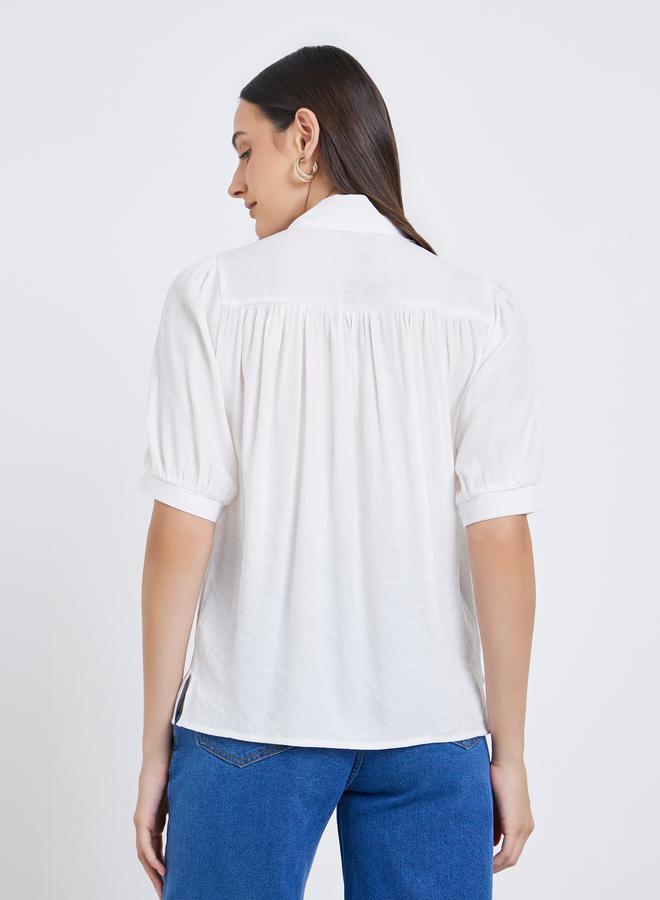 Styli Solid Tie Up Neck Puff Sleeve Blouse - Image 5