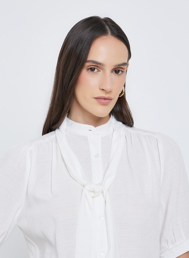 Styli Solid Tie Up Neck Puff Sleeve Blouse - Image 4