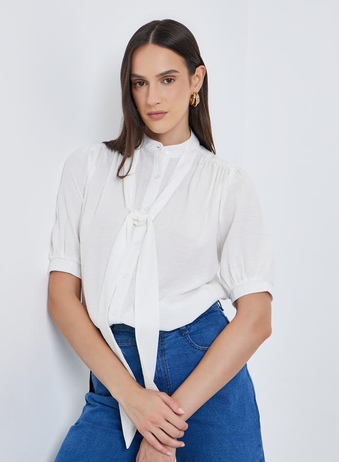Styli Solid Tie Up Neck Puff Sleeve Blouse - Image 3