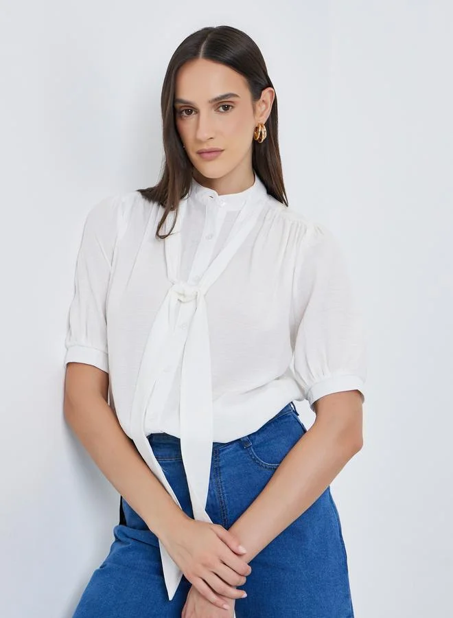 Styli Styli Solid Tie Up Neck Puff Sleeve Blouse