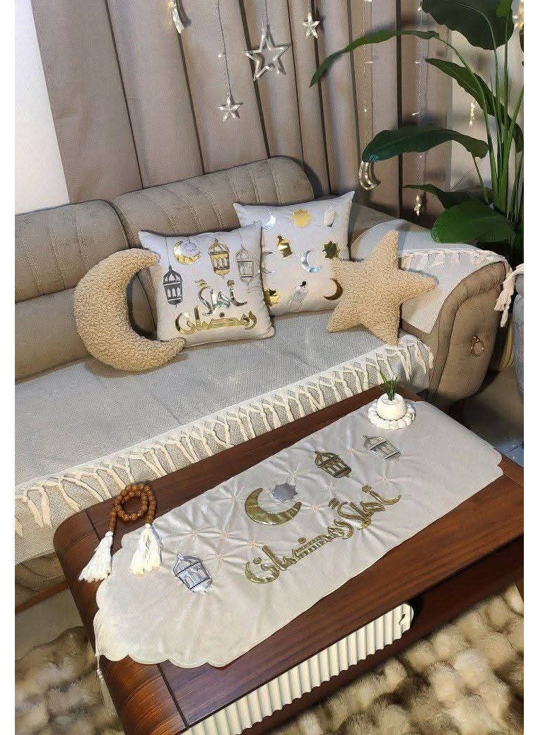 Ramadan 3-piece runner and pillow set: runner, pillowcase, and cushion with Islamic embroidery in gold leather. Material: embroidered linen fabric. Pillows have zippers. Runner size: 135*45 cm. Cushion size: 42*42 cm. - Image 2