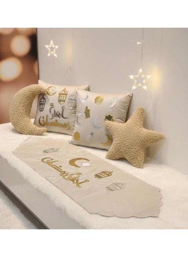 Ramadan 3-piece runner and pillow set: runner, pillowcase, and cushion with Islamic embroidery in gold leather. Material: embroidered linen fabric. Pillows have zippers. Runner size: 135*45 cm. Cushion size: 42*42 cm. - Image 1
