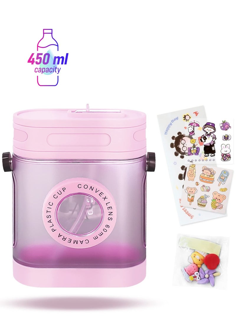 SYOSI Kawaii Water Bottle, Retro Camera Water Bottle with Straw and BPA-Free Plastic Lovely Adult 450ml Water Bottles Drinking Cups for Travel, Gifts from Daughter and Son - Image 1