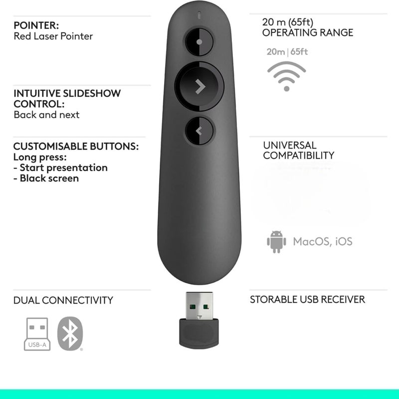 Wireless Laser Presentation Remote R500 Clicker with Red Pointer Dual Connectivity Bluetooth USB Receiver 65ft (20m) Range Compatible With Mac, Ios Black - Image 5