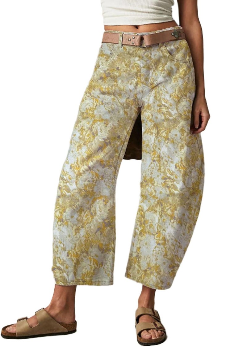 CHARTOU Womens Wide Leg Cropped Jeans Pants Baggy High Rise Denim Pants Y2k Floral Barrel Jeans (Small,Floral) - Image 1