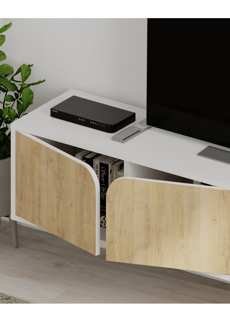 Spark Floating Tv Stand Cabinet Up To 70'' Inch Tv| Tv Unit Wall Mounted 4 Door| Tv Console| 180X35.6X35 Cm (White/Oak)