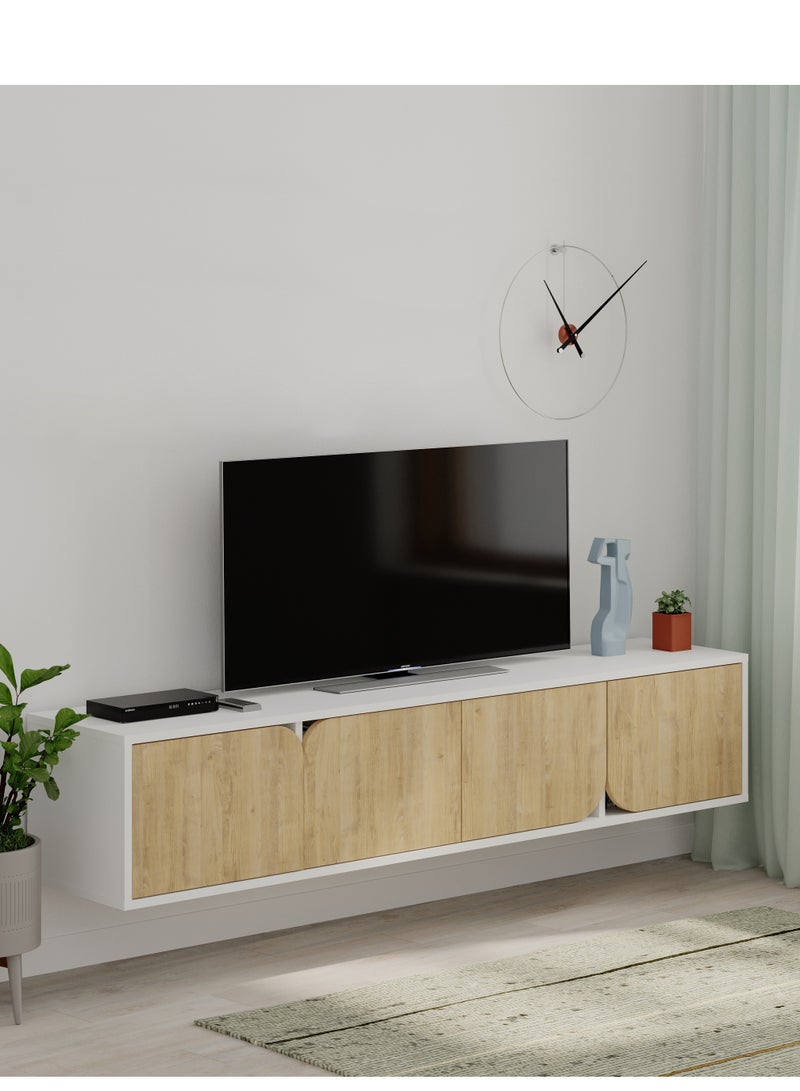 Spark Floating Tv Stand Cabinet Up To 70'' Inch Tv| Tv Unit Wall Mounted 4 Door| Tv Console| 180X35.6X35 Cm (White/Oak)
