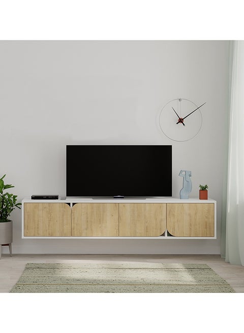 Spark Floating Tv Stand Cabinet Up To 70'' Inch Tv| Tv Unit Wall Mounted 4 Door| Tv Console| 180X35.6X35 Cm (White/Oak)