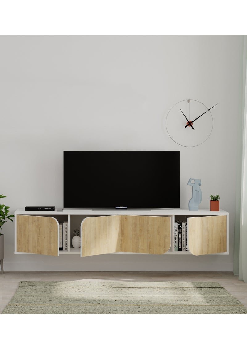 Spark Floating Tv Stand Cabinet Up To 70'' Inch Tv| Tv Unit Wall Mounted 4 Door| Tv Console| 180X35.6X35 Cm (White/Oak)
