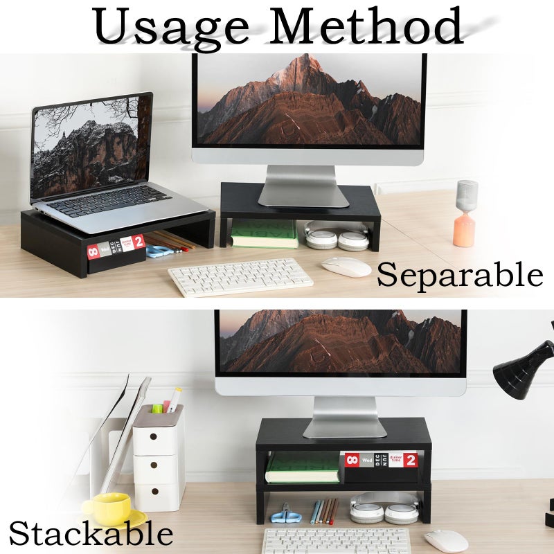 TEAMIX Wood Monitor Stand Riser-2 Pack, 2 Tier Adjustable Monitor Stand Dual Monitor Riser for 2 Monitors/Laptop/PC Black Computer Stand for Desk - Image 2