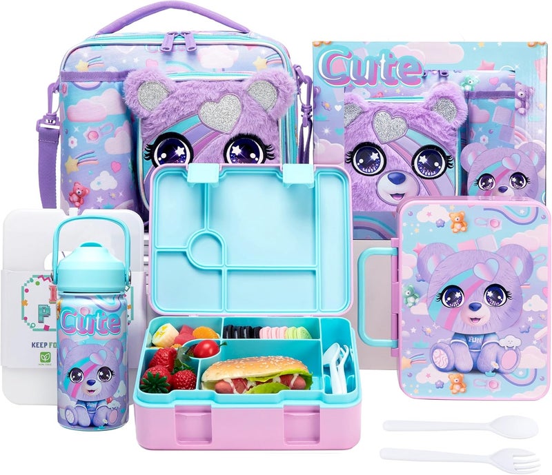 Oruiji Kids Bento Lunch Box with 6 Compartments Girls Lunch Box with Lunch Bag,Stainless Steel Water Bottle,Ice Pack & Utensils Set,Birthday Gifts for Ages 3-12 Back to School Toddler Girls - Image 1