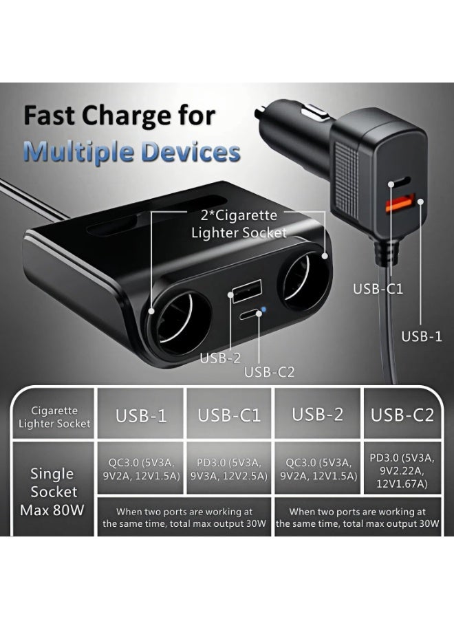 ELTRAZONE 120W Car Charger Adapter Splitter with Dual Cigarette Lighter Sockets, USB QC 3.0 & PD Fast Charging, 12V/24V Multi-Port Car Adapter with LED Voltmeter for Phones, Tablets & Devices - Image 2