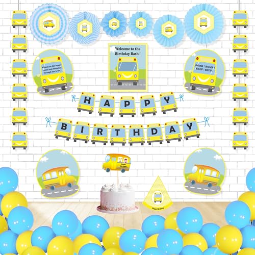 Untumble Wheels on The Bus Birthday Decorations Combo Pack kit with Banner, Paper Fans, Danglers, Posters, Cake Topper, Hat and Balloons (Pack of 56) (Multicolor) - Image 1