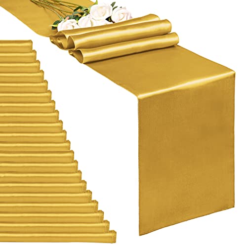 20Pack Gold 12 x 108 inches Long Premium Satin Table Runner for Wedding Decorations for Birthday Parties Banquets Graduations Engagements Table Runners fit Rectange and Round Table