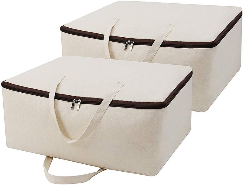 Metsi storage bags for clothes large with Handles Breathable Canvas Soft under bed storage organizer box help in Organizing Clothes and More Beige Pack of 2 - Image 1