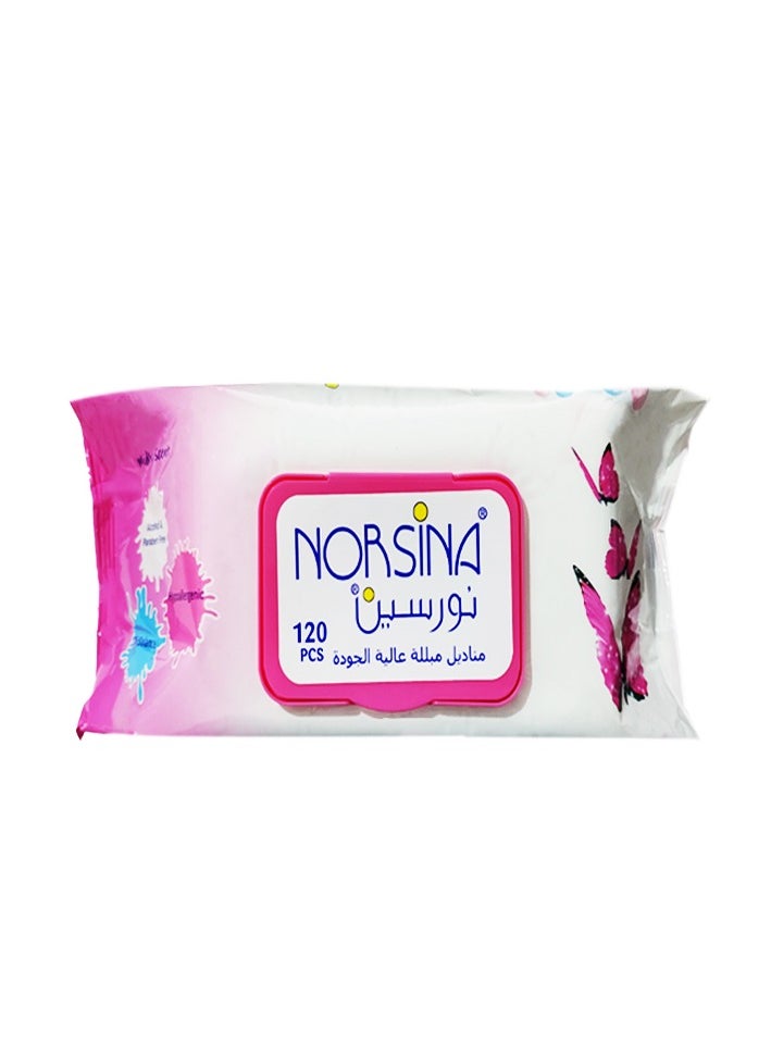 Norsina Premium Wet Wipes With Aloe Vera, Chamomile, Vitamin E 120 Pcs 