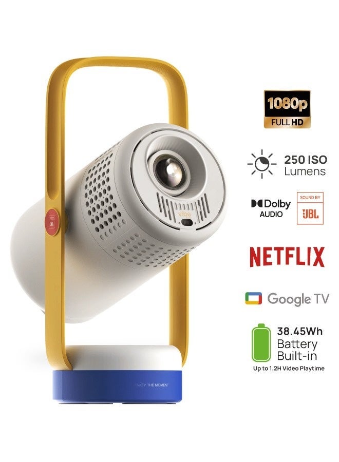 XGIMI Vibe One Portable Projector, 1080p Full HD, 250 ISO Lumens, Built-in Battery, Google TV & Netflix, 2×3W JBL Speakers, Dolby Audio, Auto Focus, Auto Keystone, Wi-Fi 5 & Bluetooth 5.1, Blue Spark - Image 1