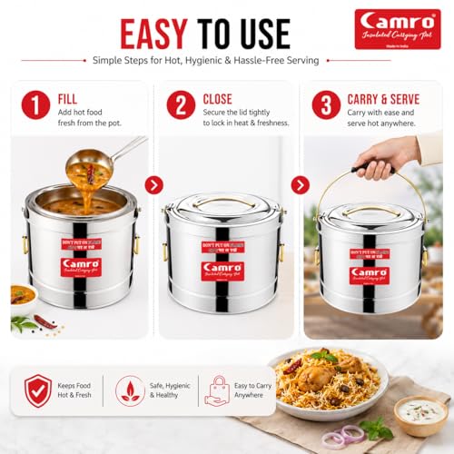 Camro Sambar Pot Stainless Steel 5 Liters | Sambar Pot with Lid | Casserole for Cooking | Canteen & Hotel Casserole Container | Picnic Hot | Biryani Box Puff Insulated Hot & Cold Serving - Image 4