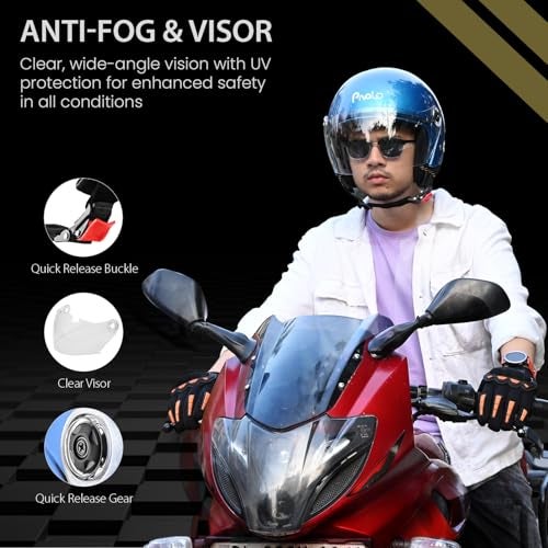 Pivalo X-Pearl 580MM Half Face Helmet with Outer Clear Visor Glossy Finish Scratch Resistant Open-Face for Bike Scooty Riding Men and Women (Pack of 1, Blue) - Image 5