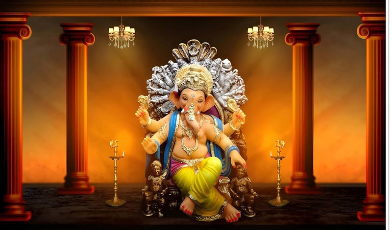 Backdropon Ganeshji Design Backdrop for Pooja Decoration Especially Ganesha Festival Traditional/Background Curtain Cloth for Festival Size 5 Feet Height and 8 Feet Width(5 * 8) - Image 1