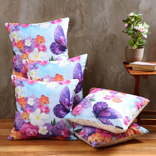 ROMEE Designer Floral, Butterfly Printed Cushion Covers 16 inch x 16 inch Set of 5 | Decorative Square Jute Throw Pillow/Cushion Cover for Living Room, Sofa, Couch, Bedroom (Blue & Orange) - Image 1