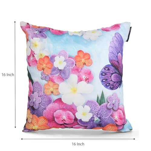 ROMEE Designer Floral, Butterfly Printed Cushion Covers 16 inch x 16 inch Set of 5 | Decorative Square Jute Throw Pillow/Cushion Cover for Living Room, Sofa, Couch, Bedroom (Blue & Orange) - Image 2