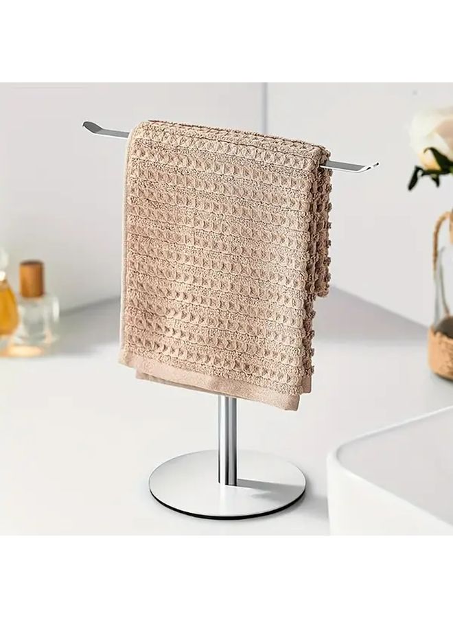 1pc Modern T Shaped Gold Stainless Steel Towel Rack With Freestanding Base And Curved Top Heavy Duty Space Saving Bathroom Kitchen Organizer Sturdy Towel Holder For Small Spaces Holds Towels Robes Shower Curtains - Image 1