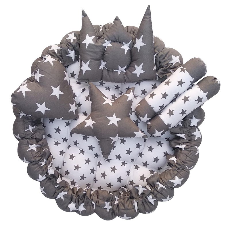 LOREM Grey 5 Pillows Round Shape Cotton Baby Bed for 01 Year BB01CMC - Image 1