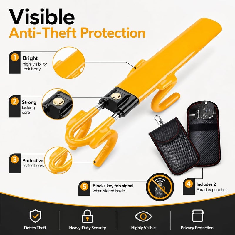 ADVANCEDSIL Steering Wheel Lock with Faraday Signal Blocker Pouch for Car Keys | High-Strength Anti-Cut Reinforced Alloy Steering Wheel Lock & Anti Theft Key Signal Blocker Pouch RFID Blocking Keyless Entry - Image 2