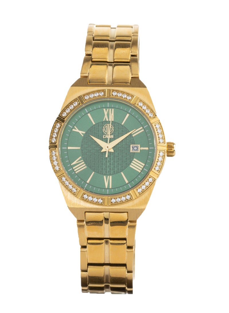CABA Women's Watch, Studded With Zircon Stones, Roman Numbers With Green Dial, Stainless Steel Bracelet, Waterproof, Gold - 3106890SLG-1 - Image 1