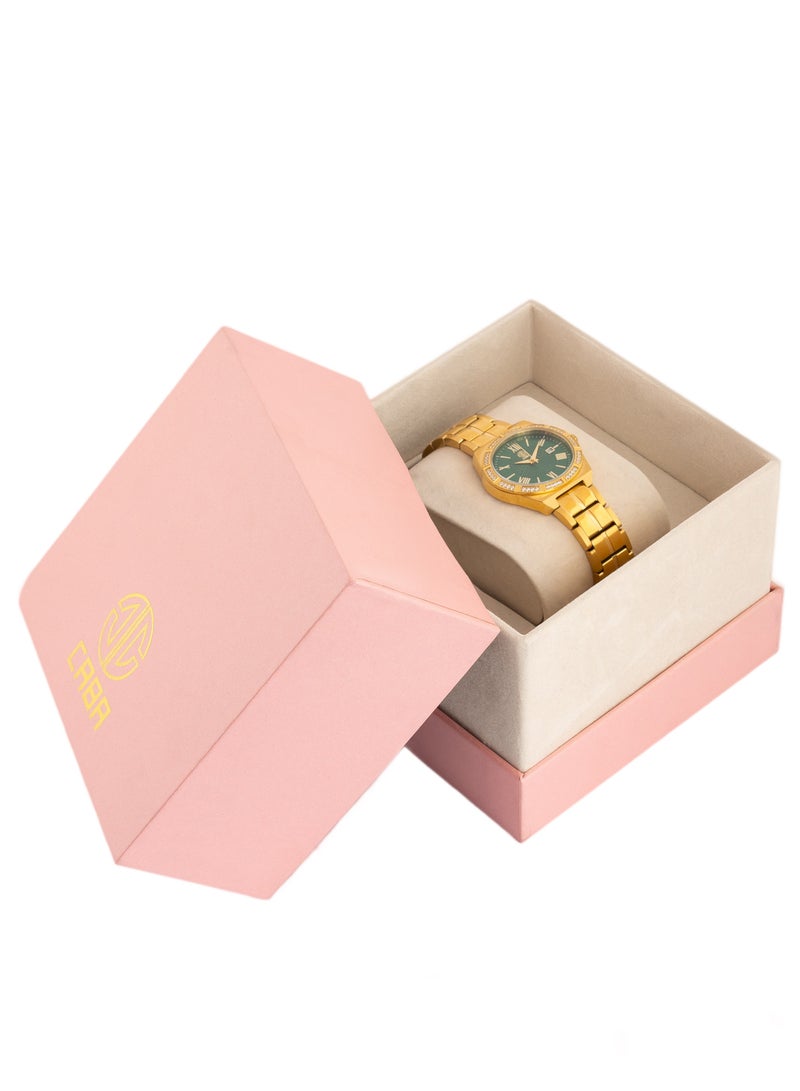 CABA Women's Watch, Studded With Zircon Stones, Roman Numbers With Green Dial, Stainless Steel Bracelet, Waterproof, Gold - 3106890SLG-1 - Image 2