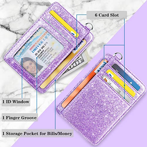 Coco Rossi Slim Front Pocket Wallet RFID ID Card Holder Cute Small Wallet with Keychian for Women,Purple Glitter - Image 3