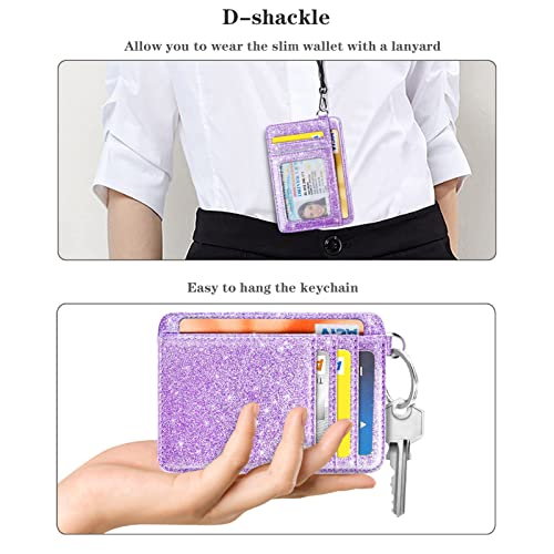 Coco Rossi Slim Front Pocket Wallet RFID ID Card Holder Cute Small Wallet with Keychian for Women,Purple Glitter - Image 4