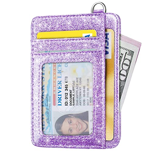 Coco Rossi Slim Front Pocket Wallet RFID ID Card Holder Cute Small Wallet with Keychian for Women,Purple Glitter - Image 2