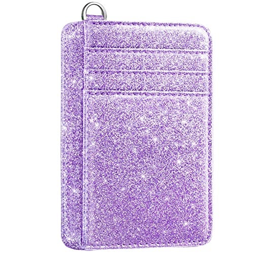 Coco Rossi Slim Front Pocket Wallet RFID ID Card Holder Cute Small Wallet with Keychian for Women,Purple Glitter - Image 1