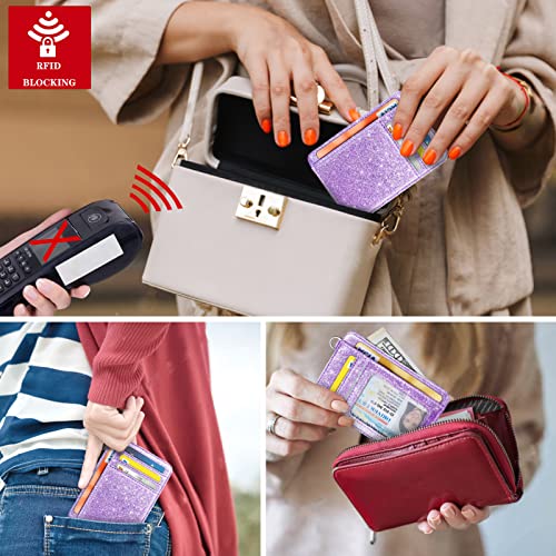 Coco Rossi Slim Front Pocket Wallet RFID ID Card Holder Cute Small Wallet with Keychian for Women,Purple Glitter - Image 5