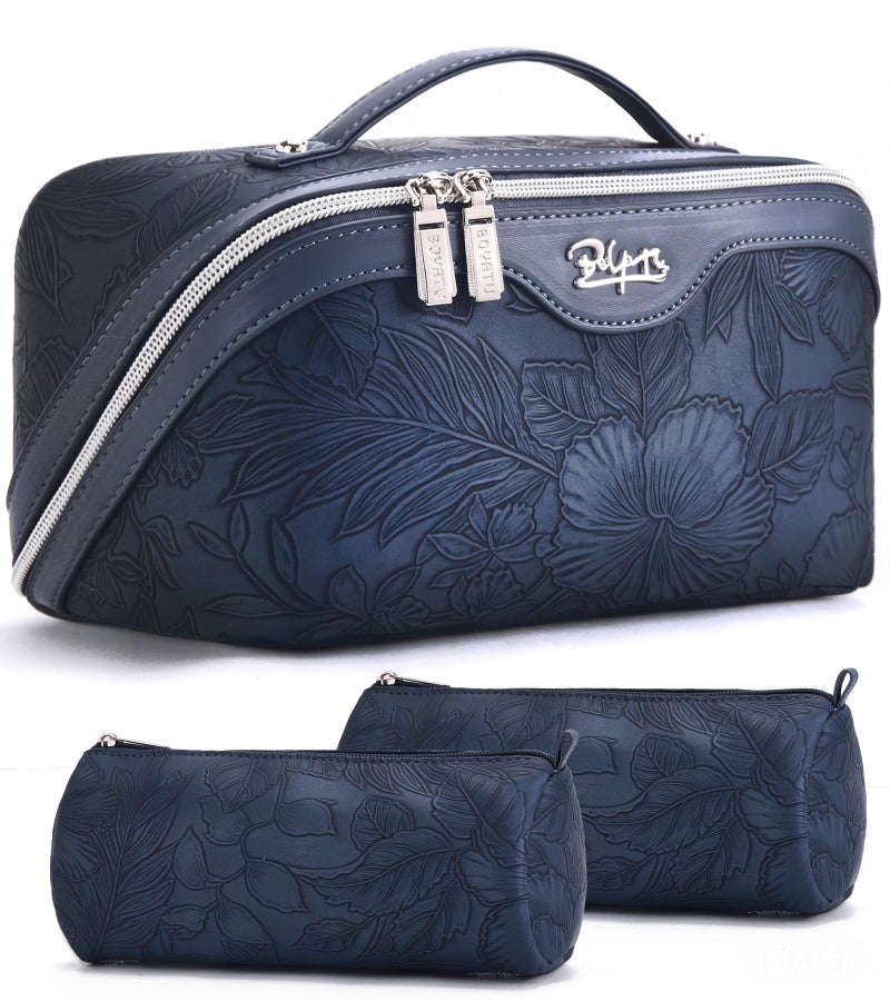 BOYATU Travel Makeup Bags Cosmetic Organizer Bag: 3-Set Large Capacity Make up Bag - PU Leather Toiletry Bags for Women - Wide Open Portable Pouch with Divider & Handle (02-Dark Blue) - Image 1