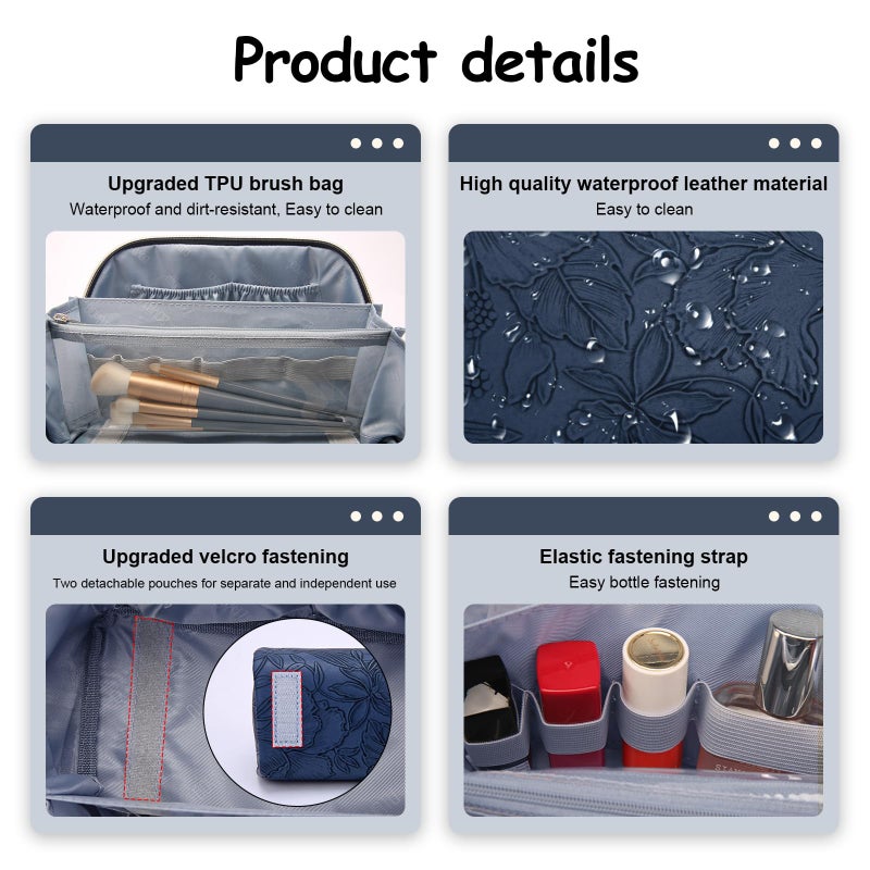 BOYATU Travel Makeup Bags Cosmetic Organizer Bag: 3-Set Large Capacity Make up Bag - PU Leather Toiletry Bags for Women - Wide Open Portable Pouch with Divider & Handle (02-Dark Blue) - Image 4