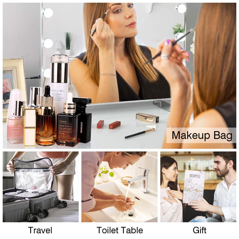 BOYATU Travel Makeup Bags Cosmetic Organizer Bag: 3-Set Large Capacity Make up Bag - PU Leather Toiletry Bags for Women - Wide Open Portable Pouch with Divider & Handle (02-Dark Blue) - Image 5