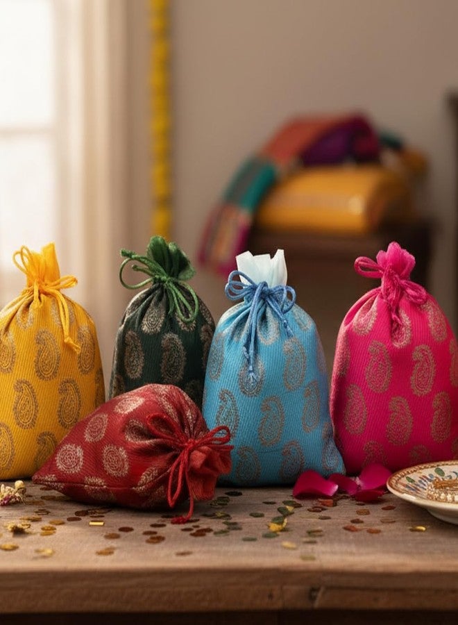 Touchstone Fabric New Gorgeous Indian Traditional Paisley Brocade Drawstring Large Bags Pouches Potli For Wedding Gift Jewelry Packaging Bridal Party Favors Set Of 6 For Women,Assorted - Image 3