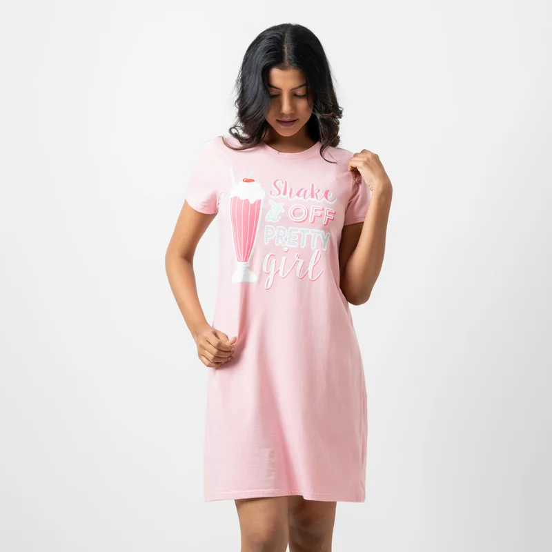 Aadaraya Aadaraya Slogan Print Sleepshirt with Crew Neck