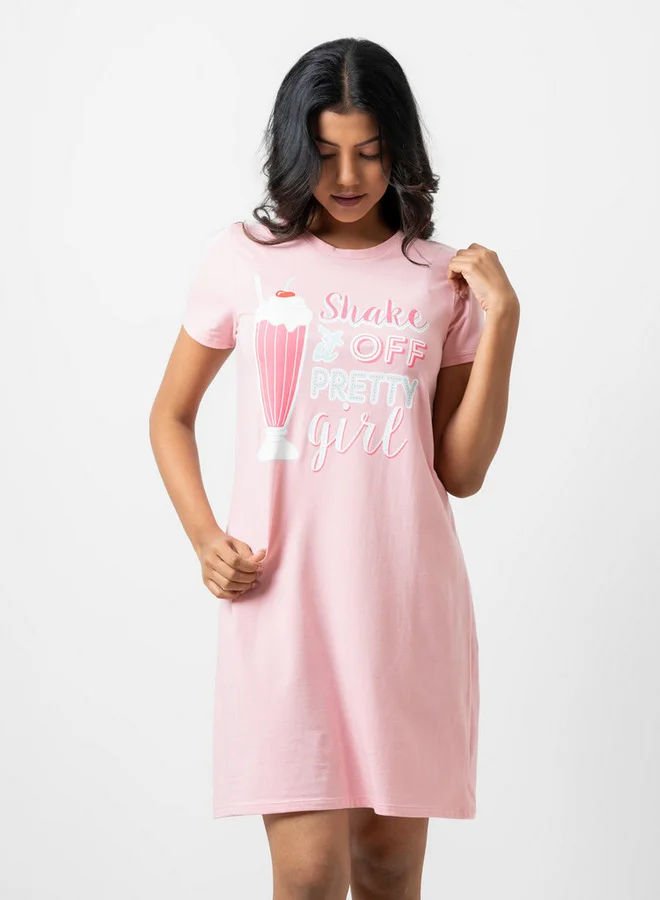 Aadaraya Aadaraya Slogan Print Sleepshirt with Crew Neck