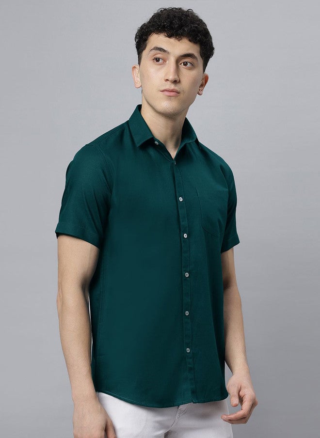 Hence Men Spread Collar Solid Cotton Slim Fit Casual Shirt in Green - Image 3