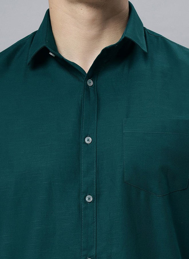 Hence Men Spread Collar Solid Cotton Slim Fit Casual Shirt in Green - Image 2