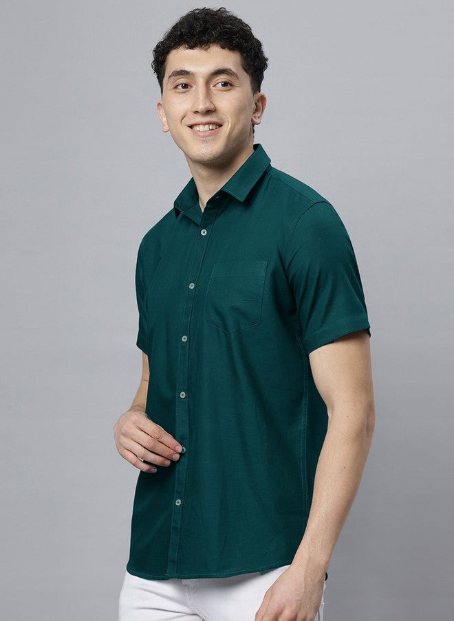 Hence Men Spread Collar Solid Cotton Slim Fit Casual Shirt in Green - Image 4
