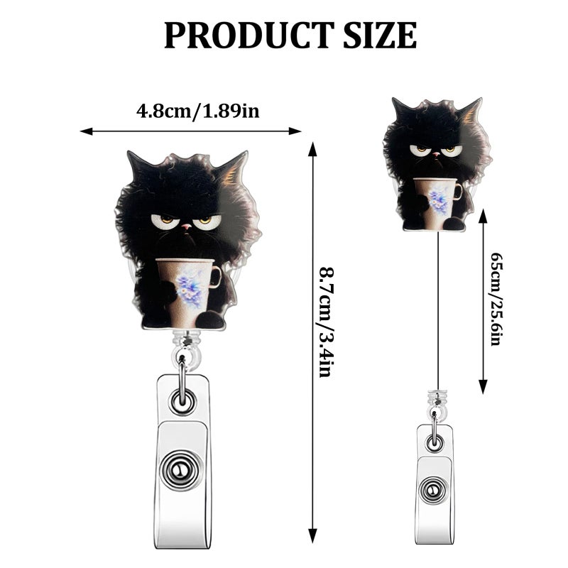 ASABITE Black Cat Badge Reel Cute Animal Badge Reels Retractable - 360Â° Rotating ID Card Holder with Alligator Clip, Acrylic Retractable Badge Holder, Funny Black Cat Badge Clip for Nurse Doctor Office Worker - Image 2