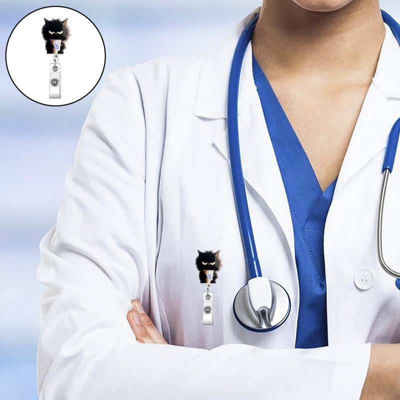 ASABITE Black Cat Badge Reel Cute Animal Badge Reels Retractable - 360Â° Rotating ID Card Holder with Alligator Clip, Acrylic Retractable Badge Holder, Funny Black Cat Badge Clip for Nurse Doctor Office Worker - Image 4