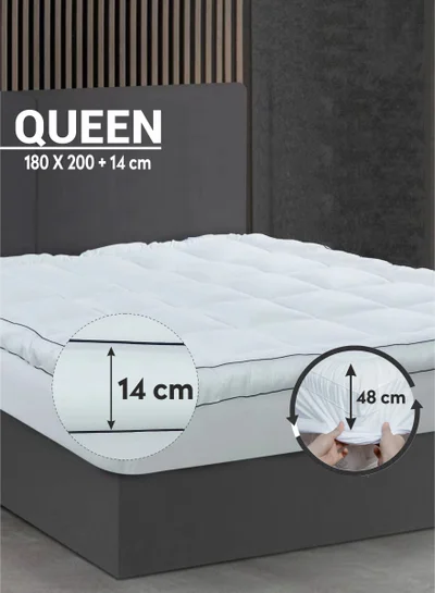 Donetella Hotel Mattress Topper Queen Size 180X200+14 CM And 1500 GSM With Supersoft Brushed Micrfiber Fabric (Fitted Style),White