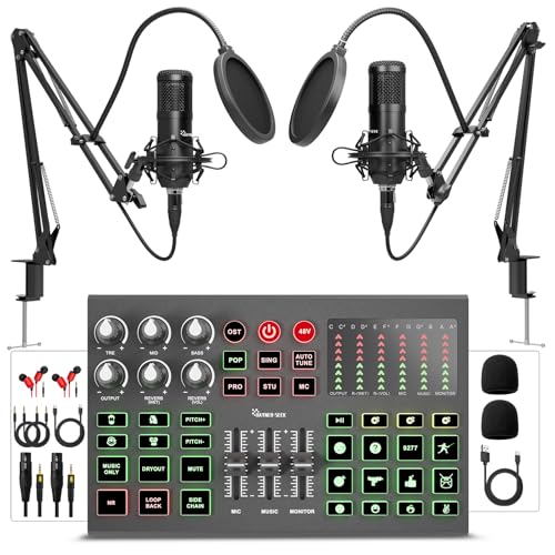 Hayner-Seek Podcast Equipment Bundle for 2, All-Metal Audio Interface DJ Mixer with Podcast Microphone,Voice Change,48V for Podcast, Streaming, TikTok, YouTube, PC, Smartphone (V1) - Image 1